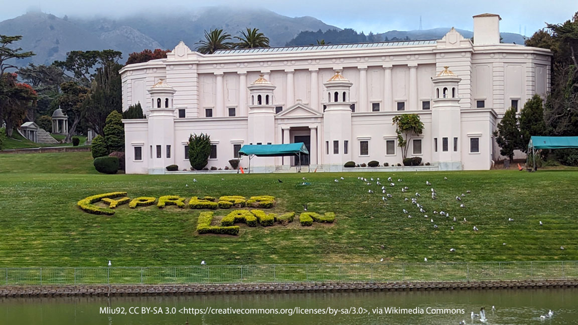 Exterior view of the Lakeside Columbarium at Cypress Lawn Memorial Park, overlooking the water and surrounding gardens